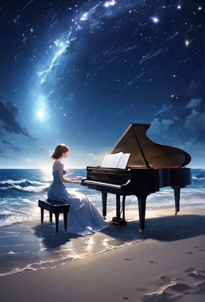 Woman playing piano on the beach at night、moonlight、Starry Sky、Wave、dress、Splash,look up, Notes in the sky, (Highest quality,Super detailed,Ultra-high resolution, The absolute solution,8k, masterpiece),