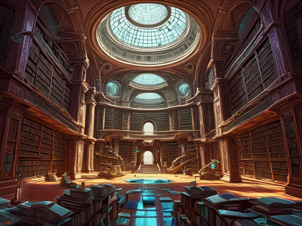 painting of an interior futuristic messy library, digital painting. master piece, Highly detailed photography, cinematic lighting, ultra wide angle, 24mm lens, cartoon style, flat shading, cartoon shading,