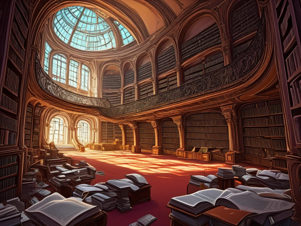painting of an interior futuristic messy library, digital painting. master piece, Highly detailed photography, cinematic lighting, ultra wide angle, 24mm lens, cartoon style, flat shading, cartoon shading,