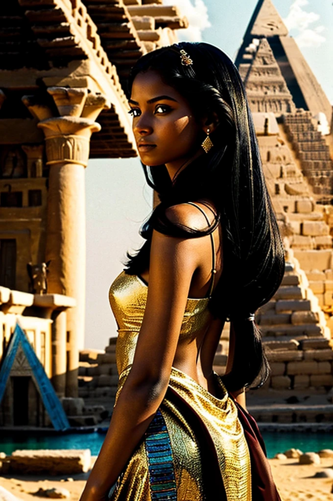 Generate image: color photo of a top model girl from ancient Egypt a mesmerizing beauty with ebony hair cascading down her back, piercing kohl-lined eyes, and regal posture, golden sands stretching as far as the eye can see, with majestic pyramids in the background, the setting sun casting a warm glow, a sense of timeless elegance and power, a hint of mystery and allure in the air, Nikon D850, Kodak Portra 400 film, 50mm lens, capturing the rich colors and textures with natural light and soft focus, Wes Anderson, Roger Deakins, Annie Leibovitz, Alexander McQueen —c 10 —ar 2:3