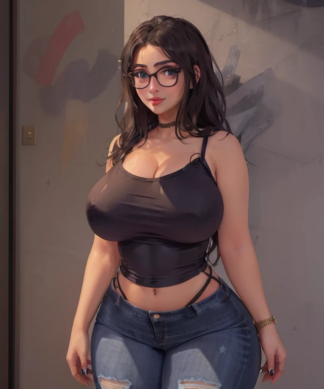 (best quality), (masterpiece), 1 girl, early 20's, huge heavy breasts, busty, massive breasts, thick, thick lips, wide hips, thin waist, sssniperwolf, is wearing glasses, black spaghetti strap tank top, wearing blue jeans
