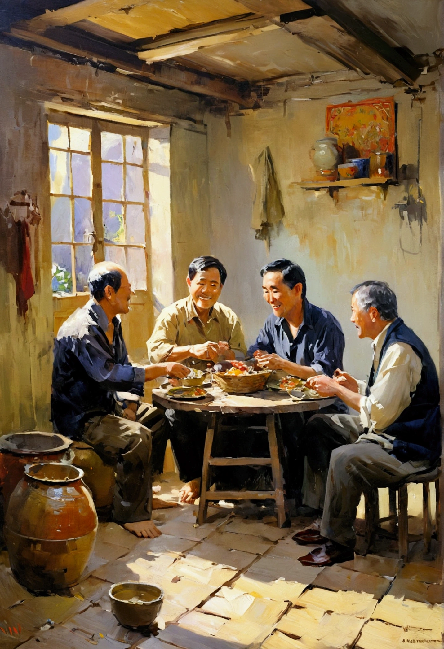 (in 8K、top-quality、masterpiece:1.2)Impressionist oil painting depicting a Vietnamese family of ((3 middle-aged men)) sitting around an old round table in a (shabby house :1.3) , eating and laughing happily, on the wall of the shabby house hang a few pots, baskets, a kettle of boiling water on a wood stove, the central scene, side lights, colorful oil painting style, thick brush strokes, vivid textured palette, makoto shinkai, Saint-Simeon palette of Michael Garmash, Paul Hedley, Edouard Manet, Claude Monet imbue the composition with soft and attractive colors, impressionist expression