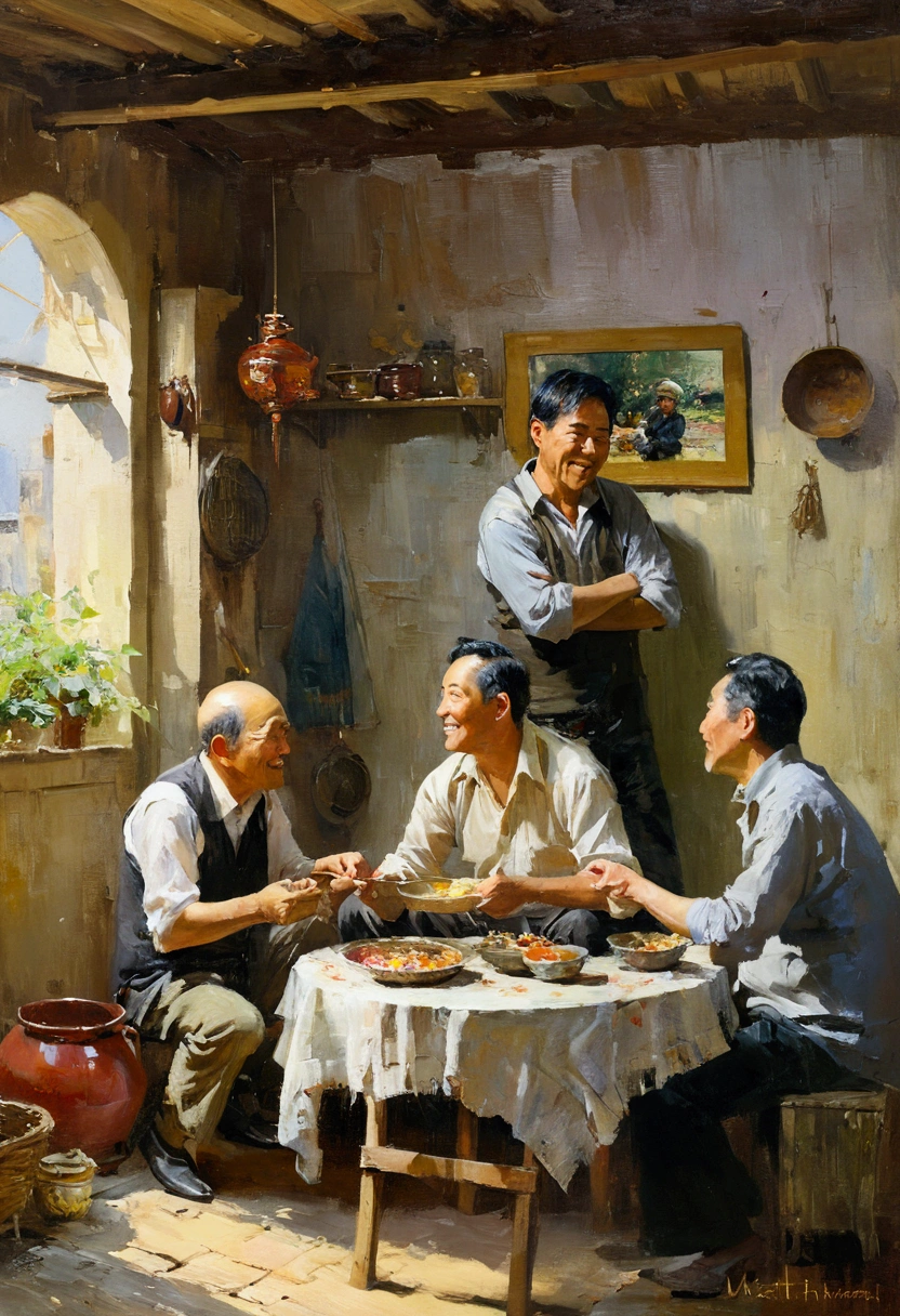 (in 8K、top-quality、masterpiece:1.2)Impressionist oil painting depicting a Vietnamese family of ((3 middle-aged men)) sitting around an old round table in a (shabby house :1.3) , eating and laughing happily, on the wall of the shabby house hang a few pots, baskets, a kettle of boiling water on a wood stove, the central scene, side lights, colorful oil painting style, thick brush strokes, vivid textured palette, makoto shinkai, Saint-Simeon palette of Michael Garmash, Paul Hedley, Edouard Manet, Claude Monet imbue the composition with soft and attractive colors, impressionist expression