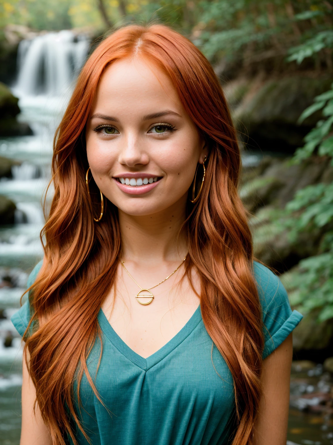 a Realistic portrait of a debby ryan woman with long red Hair style, looking at the viewer, detailed face, detailed eyes, (smiling showing teeth:1.1), perfect slim body, modelshoot style, hand on own shoulder, wearing a green shirt and blue jeans, wearing gold earrings and jewelry, soft lighting, professional Photography, Photorealistic, detailed, waterfall background, blurred background, RAW, analog, sharp focus, 8k, HD, DSLR, high quality, Fujifilm XT3, film grain, award winning, masterpiece