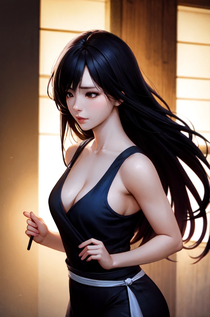 Jinah, a young Korean samurai woman in her twenties, possesses an imposing yet graceful presence. Her long hair, styled like that of a kunoichi, is dark black. Her deep brown eyes, almost black, hold a wise and determined gleam. Her face is fine and well-defined, reminiscent of Korean K-pop idols. Her expression is serious but can soften in the presence of those she protects. Her skin is fair and pale. She has an athletic and well-proportioned physique, with a few pleasant feminine curves. She is dressed as an samurai without sexiness. She poses in a tradtionnal korean dojo. Ambiance sombre by Yang J, Guweiz, (best quality, 4k, highres, masterpiece:1.2), ultra-detailed, (realistic, photorealistic:1.37), HDR, UHD, studio lighting, ultra-fine painting, sharp focus, physically-based rendering, extreme detail description, professional, vivid colors, bokeh, portraits, landscape, horror, anime, sci-fi, photography, concept artists, vibrant color tones, atmospheric lighting
