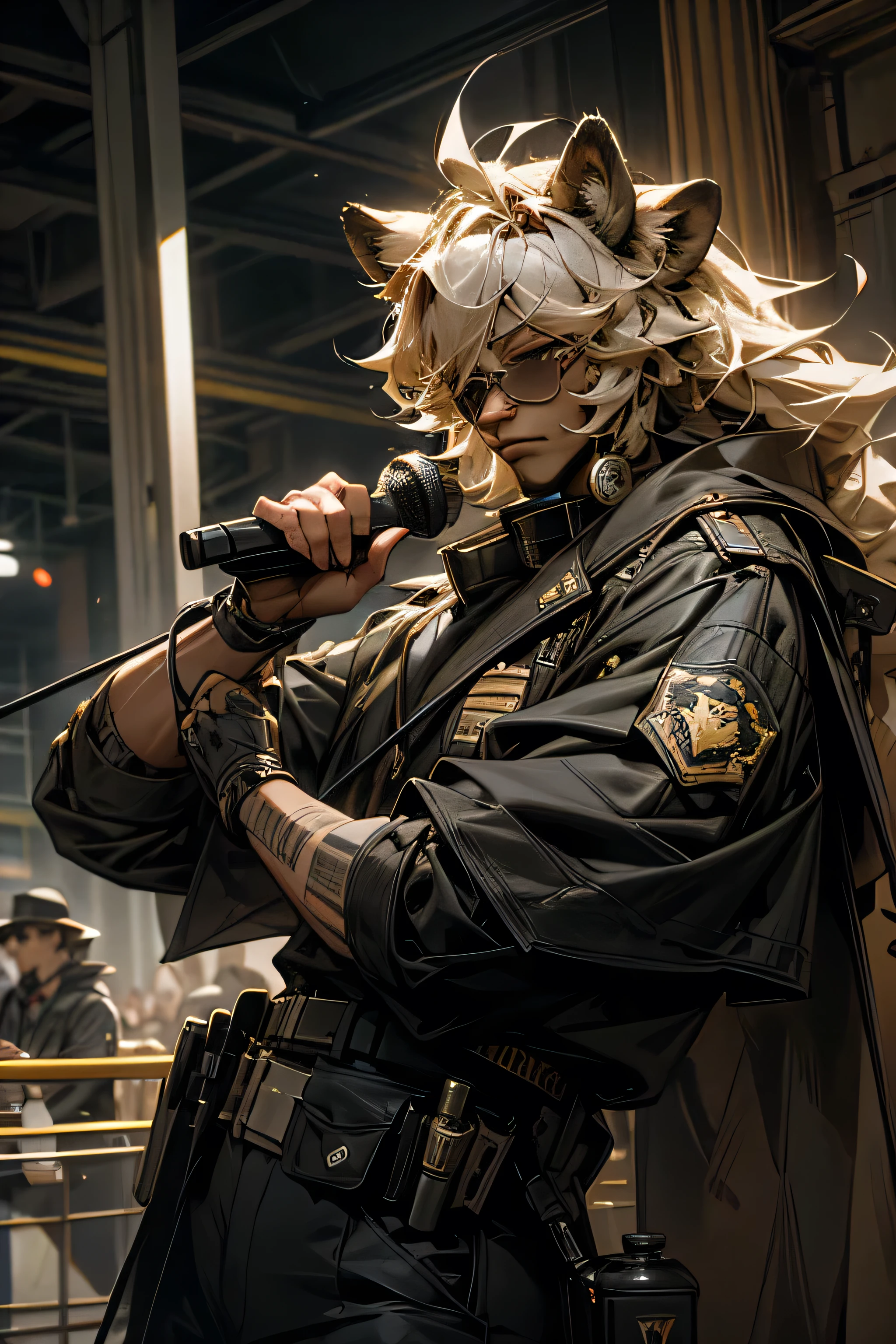 Lion ears,male,visual band,vocal,holding microphone,sunglass,old,masterpiece,best quality,super detailed,Police Officer,