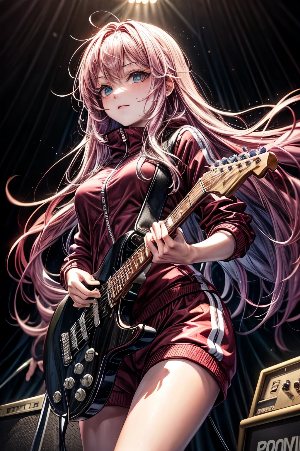 (32k), Anime-style illustration of a 17-year-old girl with long pink hair and a pink tracksuit, (long pink hair), the tracksuit tied all the way to the top, coolly playing a black electric guitar in the spotlight at a live venue, (perfect) (hand), angle from below, beautiful illustrations like a movie, must-have, top quality, super detailed, masterpiece,