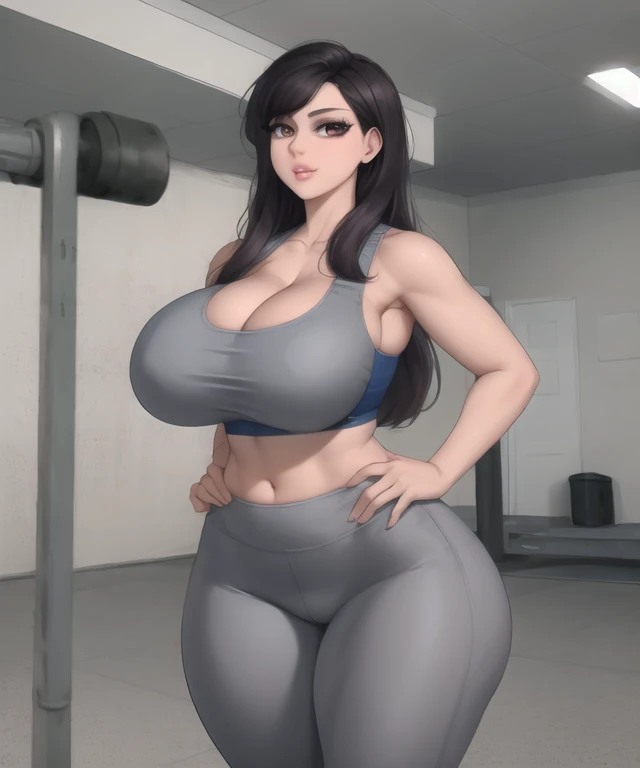 (best quality), (masterpiece), 1 girl, early 20's, huge heavy breasts, busty, massive breasts, thick, thick lips, wide hips, thin waist, sssniperwolf, grey sports bra, blue yoga pants