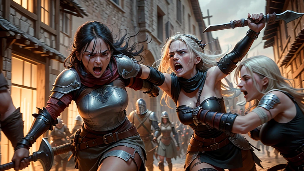 Rebel warriors, clad in rugged leather armor and bearing swords and axes, storm into the medieval village, kicking down wooden doors and dragging terrified women from their thatched-roof homes. The women scream and struggle, but the rebels, with fierce and ruthless expressions, overpower them easily. The scene is chaotic, with cries for help echoing through the cobblestone streets.