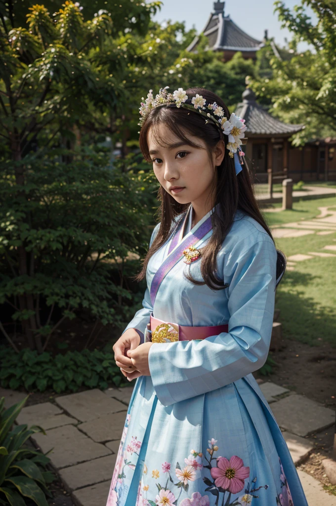 best quality, highly_resolution, distinguishable_image, detailed background ,Girl, Hanbok,flower,garden,Mond, natta,dutch angle, wide angle shot, crown, 