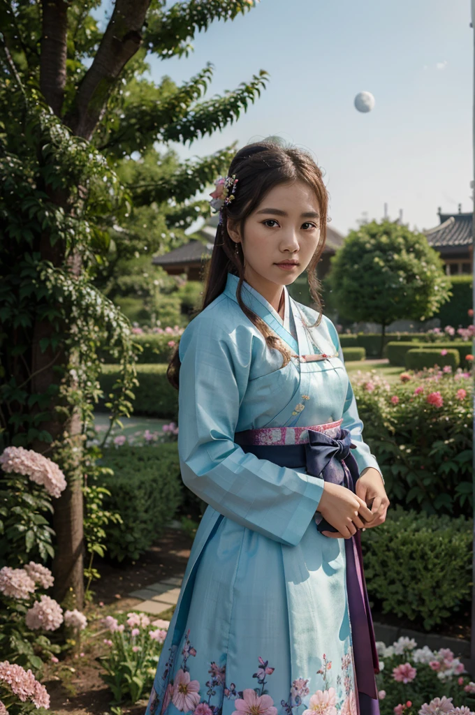 best quality, highly_resolution, distinguishable_image, detailed background ,Girl, Hanbok,flower,garden,Mond, natta,dutch angle, wide angle shot, crown,