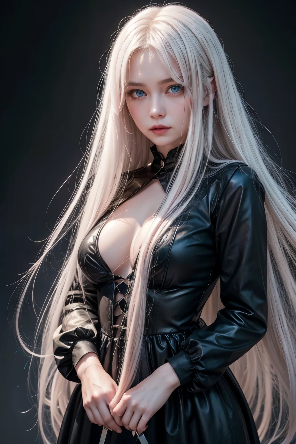 Fairy woman with long white hair, blue eyes, pink lips, blushing, black clothes and knives in both hands