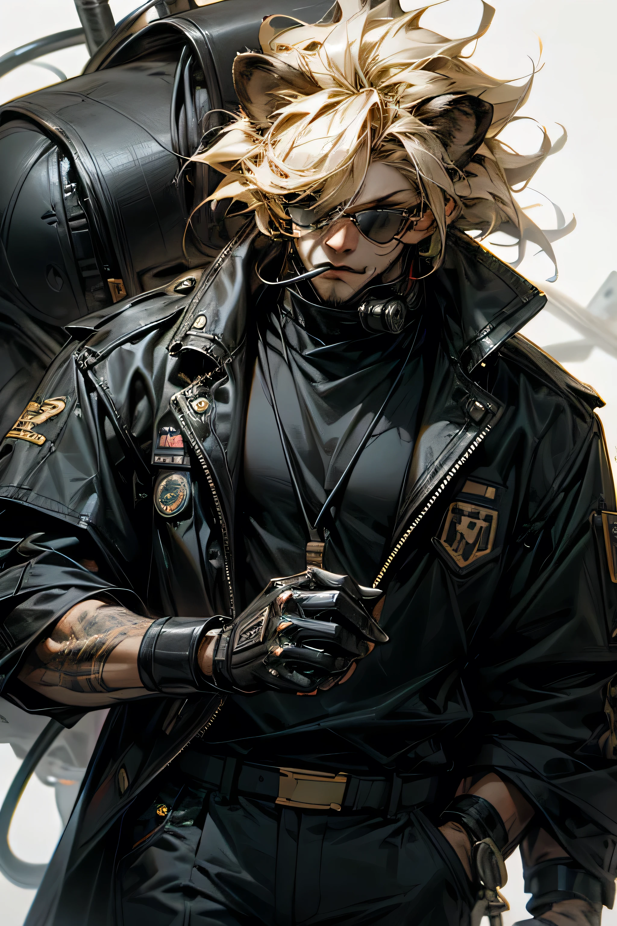 stim punk style, naughty man, Cao Cao, blond, yellow eyes, punk gas mask, he is holding an umbrella with blades and stickers, roupas largas com cabos stim punk style, image detail and sharpness, oil painting, Dirty scenery, smoke and neon, rainy environment, full body details fullhd 8k