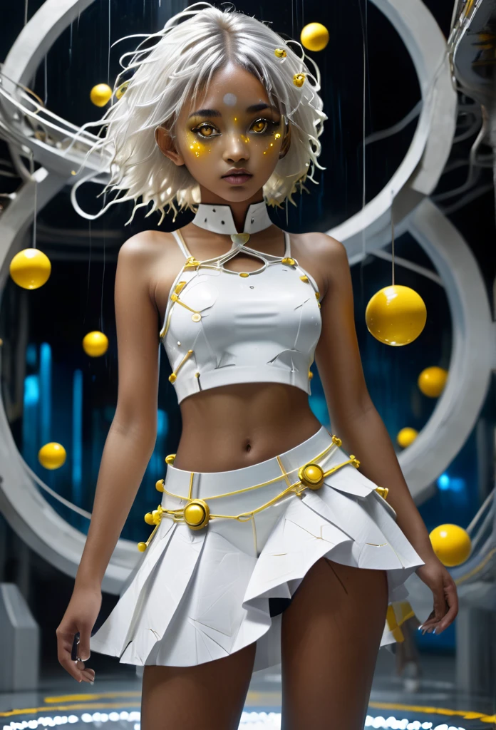 photography, high detail, realistic.a bifocal interlocking and overlaping white and yellow platform. a brown skin girl with white single paper stringy hair ((yellow eyes)) wearing white rip up Mini two piece skirt and top.Silver spheres, small blue stones around her waist. Power flows through the platform. ((Ambient futuristic Background))