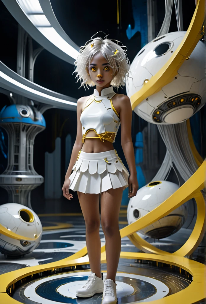 photography, high detail, realistic.a bifocal interlocking and overlaping white and yellow platform. a brown skin girl with white single paper stringy hair ((yellow eyes)) wearing white rip up Mini two piece skirt and top.Silver spheres, small blue stones around her waist. Power flows through the platform. ((Ambient futuristic Background))