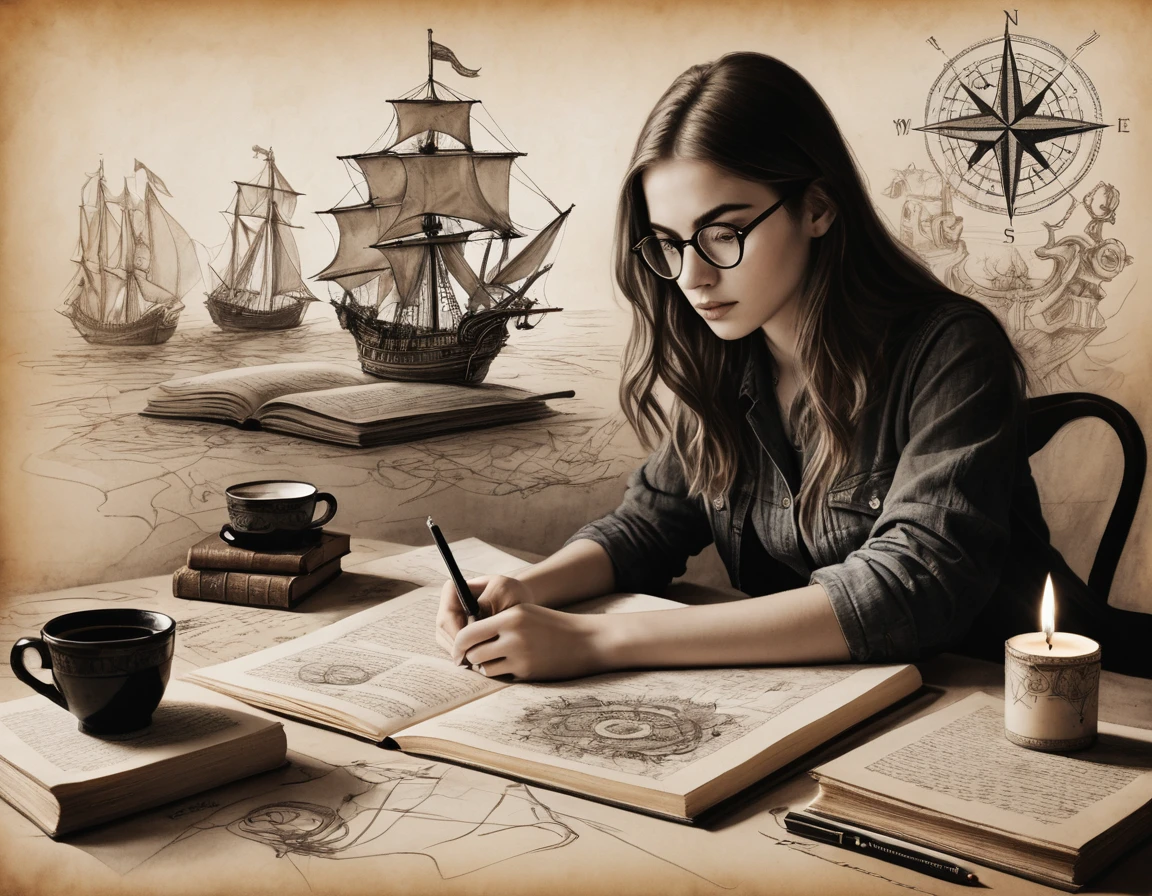 Portrait of a beautiful modern girl with glasses at the table, writing text on a sheet of parchment, stack of old books with many bookmarks between pages, porcelain cup of hot black coffee and a candlestick with lit candles on the table next to parchment, beautiful graceful hands with beautiful fingers, concentrated thoughtful look; Drawn on paper,sketch,old parchment,pencil sketch,Stereoscopic light and shadow,The background is a mixture of fantasy and science fiction., image of a girl on the bottom right in the center of the picture at the edge,
(Detailed unrealistic map of Treasure Island and text on ancient parchment, Rose of Wind, compass), documentation,Rich and delicate touches,