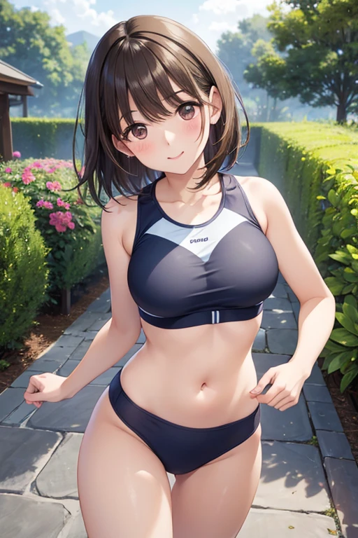 anegasaki nene、Shiny brown hair, short hair, (Beautiful brown eyes、Sparkling eyes, Fine grain)、smile、Ultra-detailed eyes、Highly detailed face, Highly detailed eyes,Cowboy Shot、

(Highest quality,Extremely detailed depiction,Incredible high resolution,Anatomically accurate depiction,software),

One Girl,,cute,blush, Medium chest,  running, Exposing sleeveless crop sportswear, belly button、morning, garden