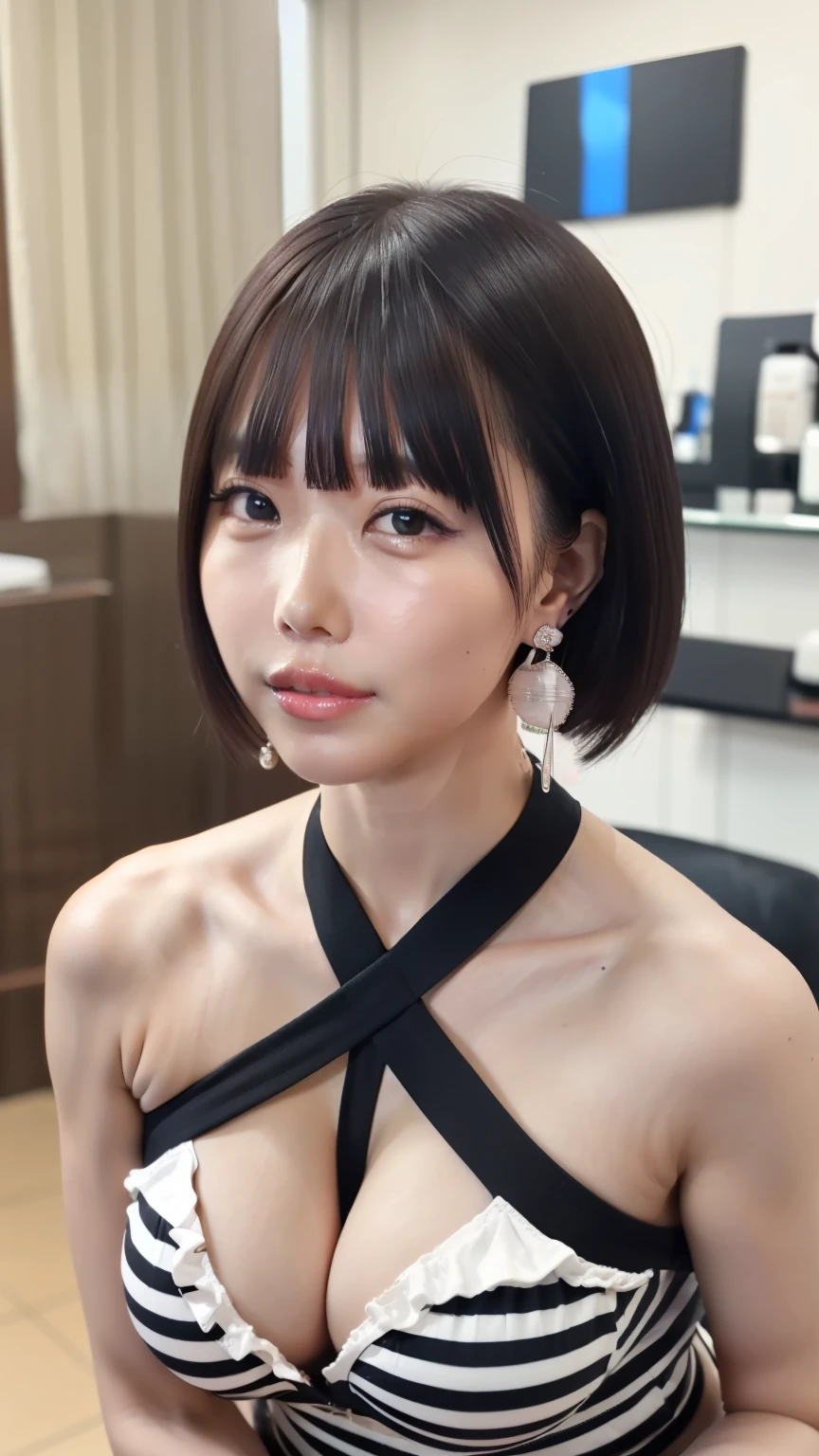((最high quality,masterpiece,high quality))gravure,最high quality, shape, Very detailed, High resolution, 8k wallpaper, 完璧なダイナミックな構shape, Beautiful and detailed、Big eyes,Long eyelashes:1.35,Natural color lip, 25-year-old woman,beauty,Sexy shot for the camera,Ultra-realistic raw photos,Supermodel body type,Detailed face,Very detailed目,Beautiful attention to detail ,Very detailedなスキン ,Glowing Skin,Perfect Anatomy,Tall Woman,((Natural smile:1.1)),,((Natural short black hair)) ,Beautiful feet, Perfect Thighs,Plump thighs, There is cleavage in the chest,Big Breasts:1.35,((Halter neck dress:1.35)),((Bright interior of a beauty salon:1.45)),((beauty Salon))((Inside the hair salon:1.45))Strongly blur the background,((Bright lighting:1.35))((Exposed Skin))((Earrings:1.35))((Striped high waist ruffle mini skirt:1.25))