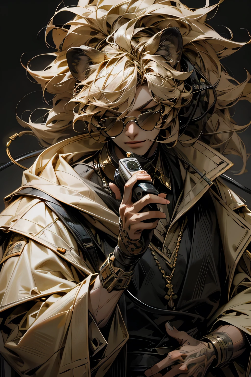 Lion,male,visual band,vocal,holding micro phone,sunglass,old,masterpiece,best quality,super detailed,