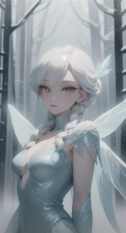 Frozen, misty Forest, ancient being, winter, snow, snow fairy , red eyes, eyes in the fog, regal, looking dead, ice wings,