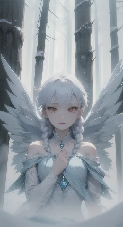 Frozen, misty Forest, ancient being, winter, snow, snow fairy , red eyes, eyes in the fog, regal, looking dead, ice wings,