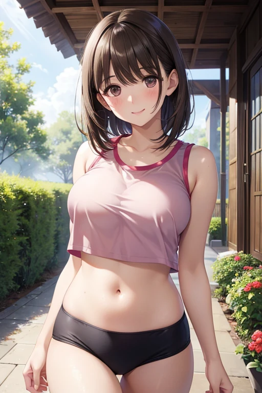 anegasaki nene、Shiny brown hair, short hair, (Beautiful brown eyes、Sparkling eyes, Fine grain)、smile、Ultra-detailed eyes、Highly detailed face, Highly detailed eyes,Cowboy Shot、

(Highest quality,Extremely detailed depiction,Incredible high resolution,Anatomically accurate depiction,software),

One Girl,,cute,blush, Medium chest,  running, Exposing sleeveless crop sportswear, belly button、morning, garden