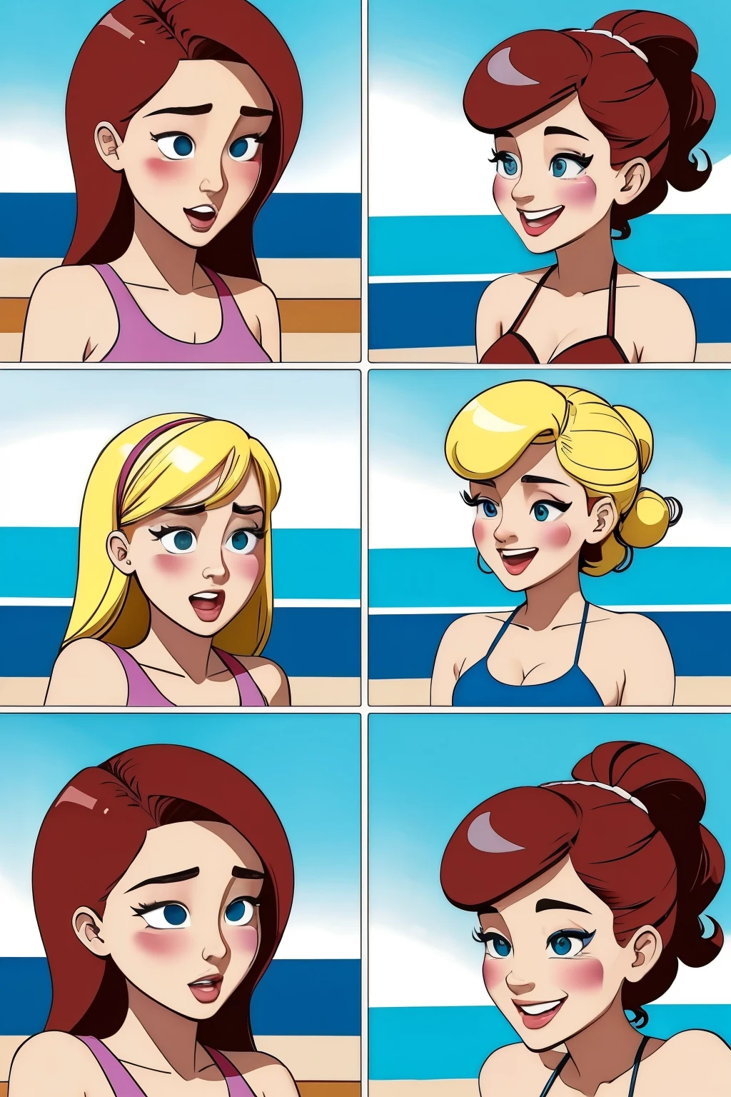 make a cartoon with 5 pages, there are two women going to the pool one of them got burned there then the other one says ''wait, you really don't use Maria's baby's sunscreen'' she says no so they go to the beach dnv then the burned woman uses the sunscreen and looks beautiful