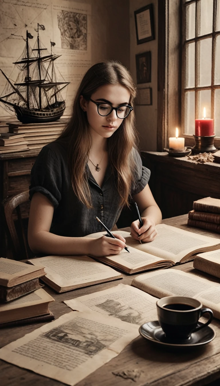 Portrait of a beautiful modern girl with glasses at the table, writing text on a sheet of parchment, stack of old books with many bookmarks between pages, porcelain cup of hot black coffee and a candlestick with lit candles on the table next to parchment, beautiful graceful hands with beautiful fingers, concentrated thoughtful look; Drawn on paper,sketch,old parchment,pencil sketch,Stereoscopic light and shadow,The background is a mixture of fantasy and science fiction., image of a girl on the bottom right in the center of the picture at the edge,
(Detailed unrealistic map of Treasure Island and text on ancient parchment, Rose of Wind, compass), documentation,Rich and delicate touches,