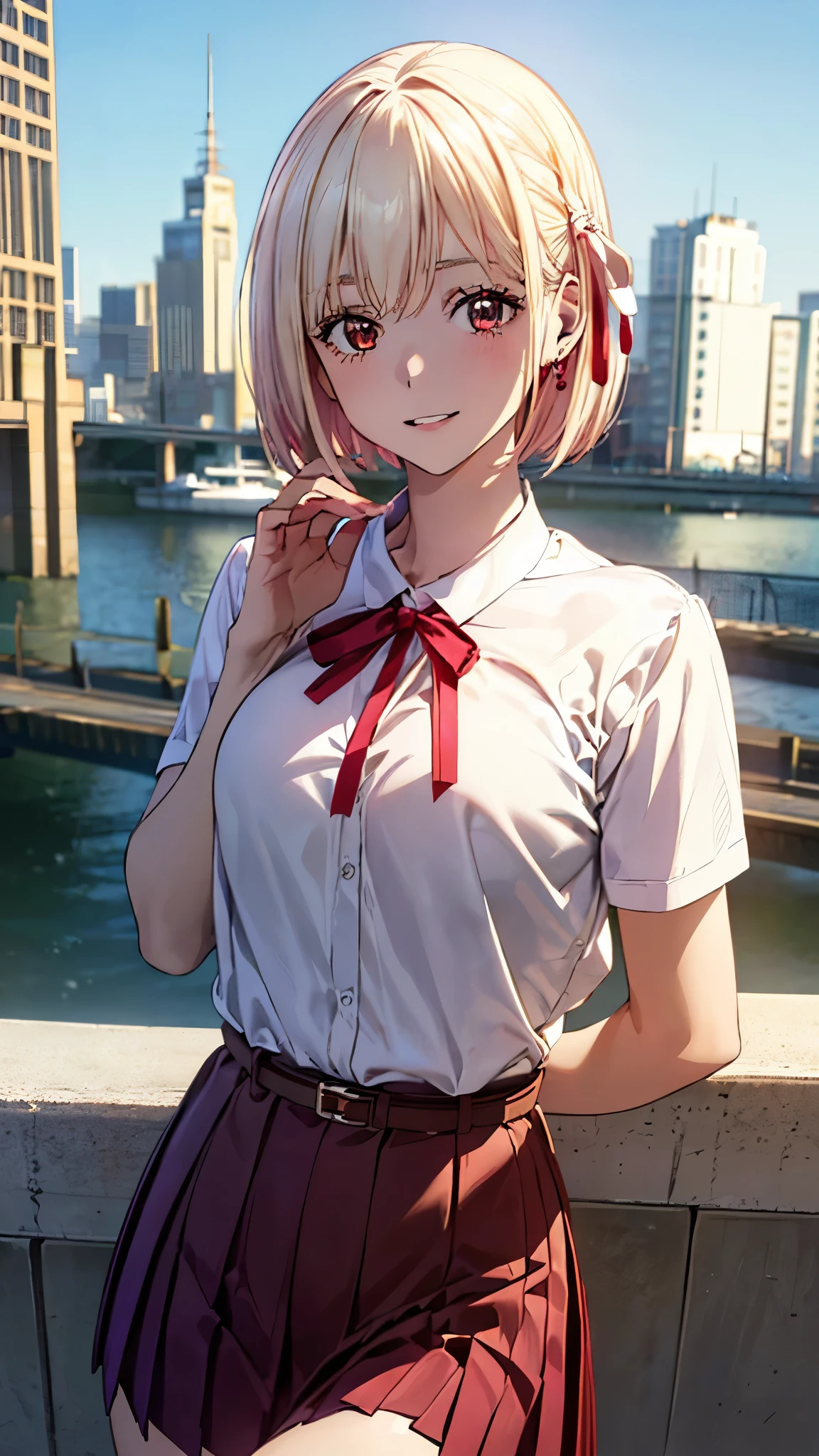 (masterpiece:1.3, top-quality, ultra high res, ultra detailed), (realistic, photorealistic:1.4), beautiful illustration, perfect lighting, colorful, depth of fields, (photograph),
beautiful detailed hair, beautiful detailed face, beautiful detailed eyes, beautiful clavicle, beautiful body, beautiful chest, beautiful thigh, beautiful legs, beautiful fingers,
looking at viewer, 1 girl, high school girl, chisato nishikigi, (perfect anatomy, anatomically correct, super detailed skin), perfect face, parfect eyes, cute and symmetrical face, babyface,
(short hair, one side up, bob cut, blonde hair), bangs, redeyes, slant eyes, big eyes, long eye lasher, (medium breasts, seductive thighs), slender, white skin, shiny skin,
(hair ribbon, short sleeves white collared shirt, belt, neck ribbon, red pleated skirt),
(beautiful scenery), morning, (riverside:1.2, cityscape in the distance), standing, (lovery smile, upper eyes, parted lips),