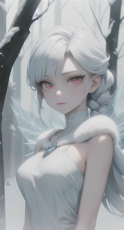 Frozen, misty Forest, ancient being, winter, snow, snow fairy , red eyes, eyes in the fog, regal, looking dead, ice wings,