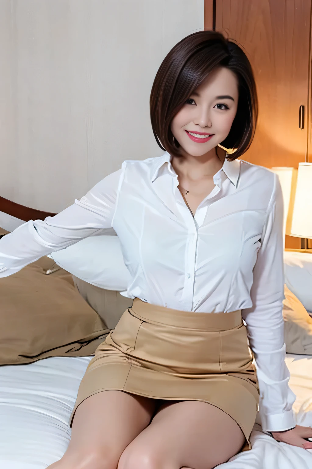 Detailed Background, masterpiece, Highest quality, 1 person , Short Bob Cut Hair, Brown eyes, Stars in my eyes ,  White see-through blouse, Long skirt、High heels、Pencil Skirt、Small breasts、Sitting on a bed in a love hotel、Perfect Makeup、Smiling with wide open mouth、Beautiful teeth、