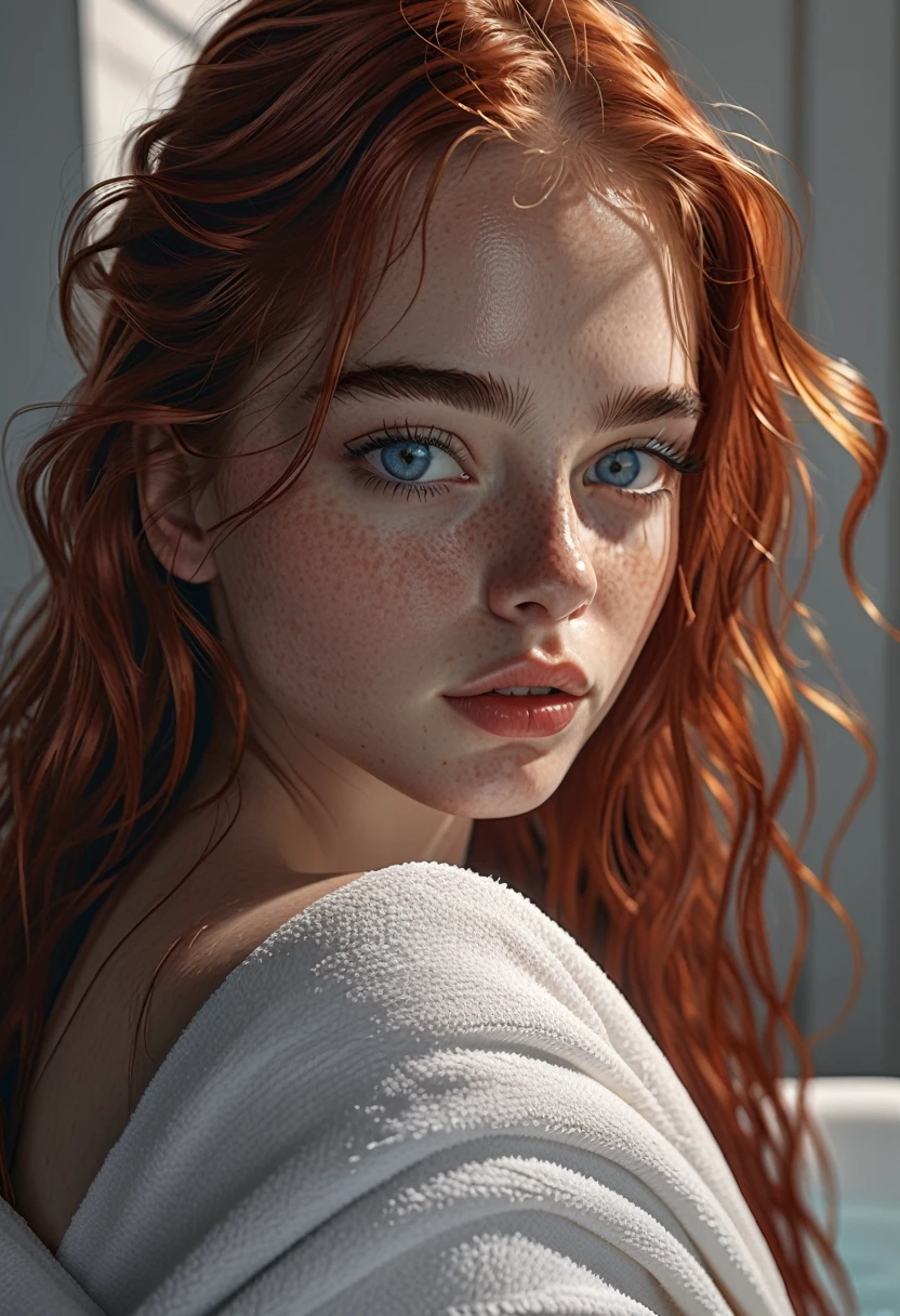 une jeune Hermione Granger, Beaux yeux détaillés, belles lèvres détaillées, yeux et visage extrêmement détaillés, long cils, pChaudorealistic, 8k, hyperréaliste, Éclairage réaliste, Éclairage dramatique, tons de couleurs chaudes, Cinématique, très détaillé, détails complexes, chef-d&#39;œuvre, qualité professionnelle, primé, Chignon, frange, vue complète du corps, maigre, de  taille, Figure exposée, tenant une serviette blanche, debout devant une douche, cheveux humide, peau mouillée, taches de rousseur, poitrine plate, très détaillé, super haute qualité, Chaud, Jambes ouvertes, sourire timide A la plage 