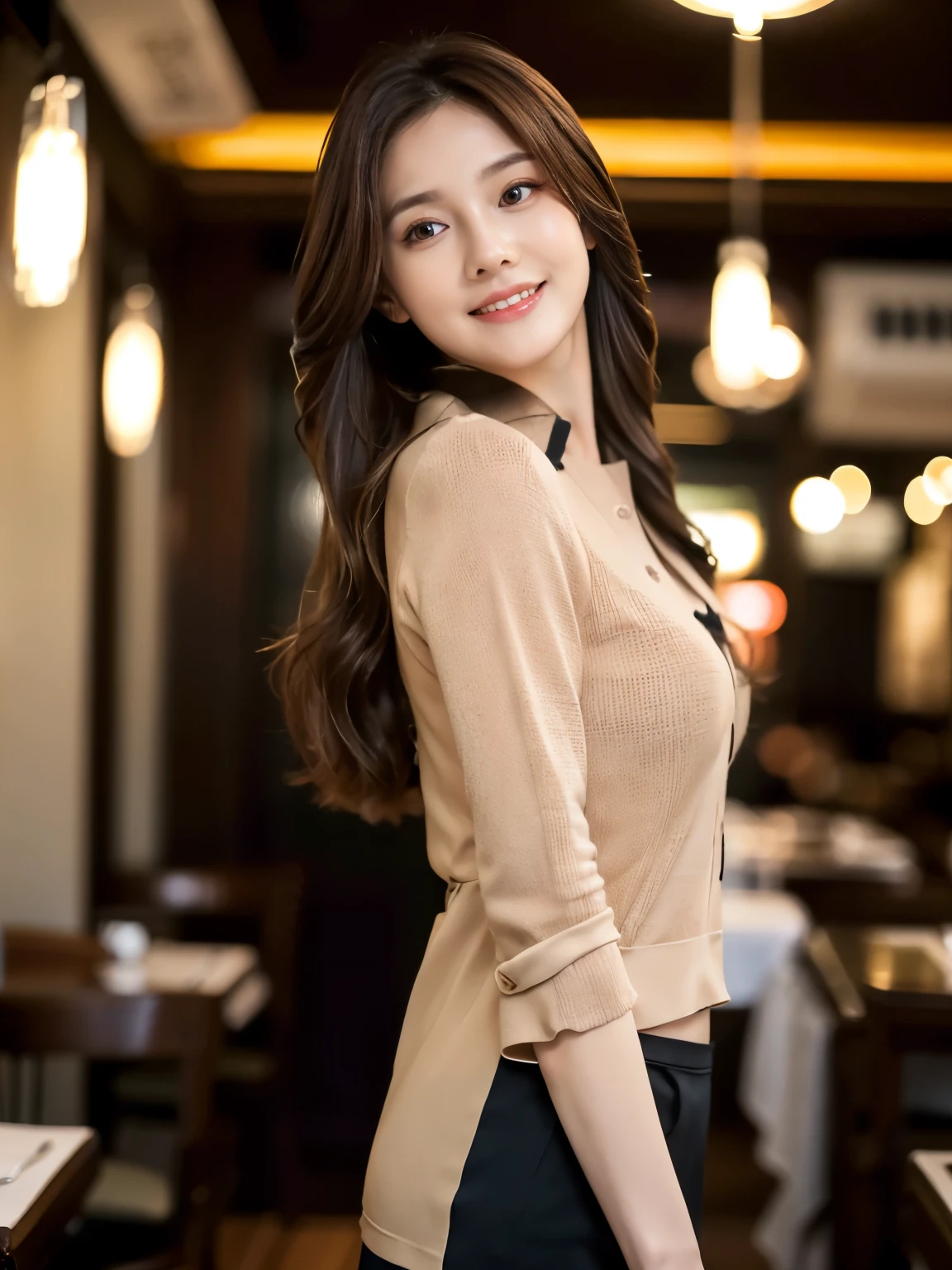 Masterpiece, best quality, realistic, very detailed, finer details, high resolution, 8k wallpaper, beautiful woman, wearing casual business clothes, great restaurant, night, light brown messy hair, long hair, perfect dynamic composition, beautiful and beautiful eyes, smiling, (body is in a turning around position), (Random body orientation : 1.4),