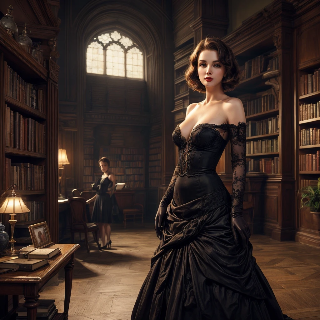 A pretty woman with short brown hair, pale skin, red lips. She is wearing a 1940s dress, with gloves and standing in a library