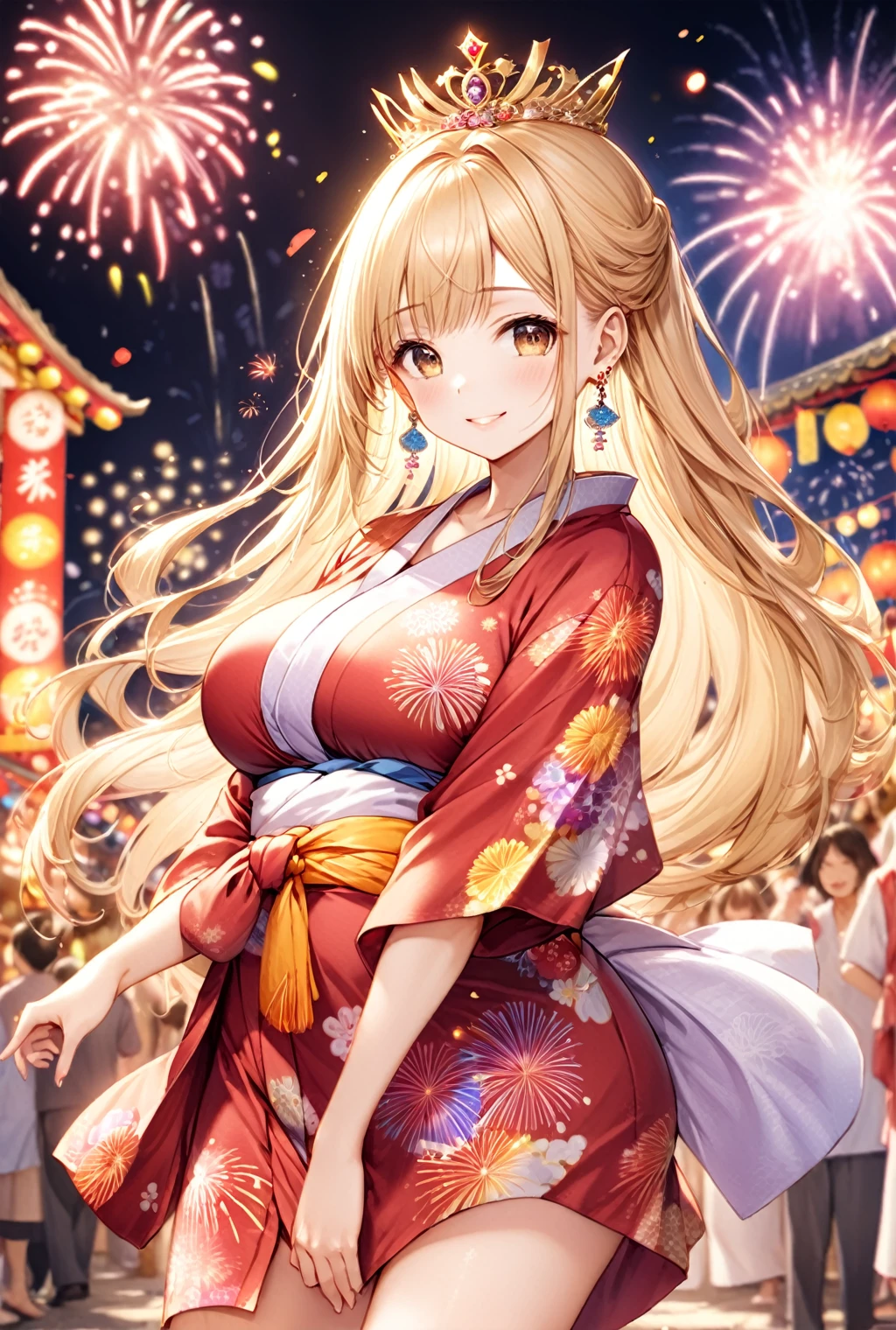 (Highest quality, 8k, 32K, masterpiece, Ultra-high resolution,:1.2),to be born, One Girl,So cute , nightのSummer festivalのようなファンタジー背景, clear, Shining Eyes, Age 25 ,Fair skin, Blonde girl, Fantasy Clothing, Long Hair, Side Tail, An innocent smile, Large Breasts, Big Breasts, Yukata, night, Royal Queen, Earrings, necklace, Summer festival, Girl with brown skin, firework, Wearing a yukata