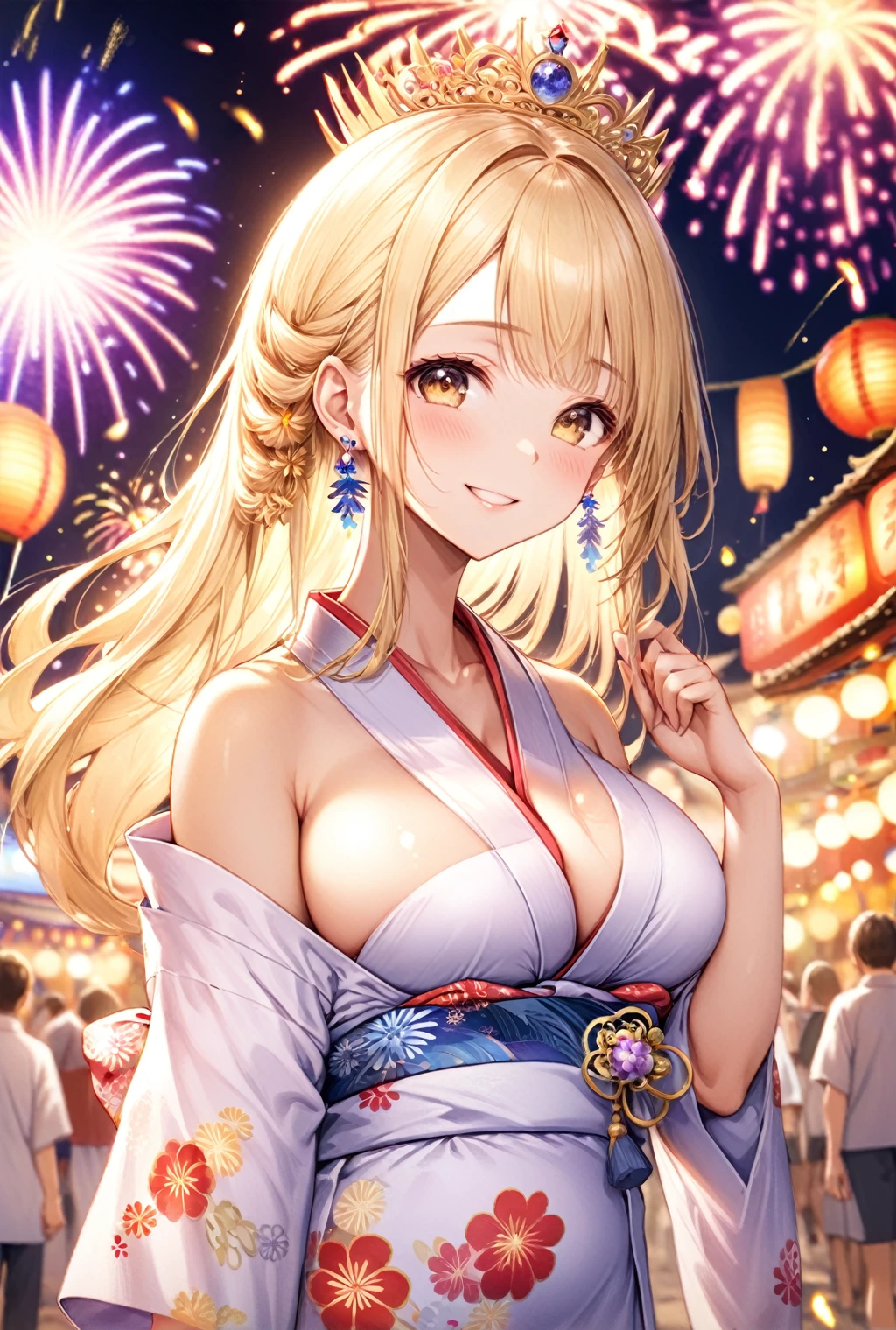 (Highest quality, 8k, 32K, masterpiece, Ultra-high resolution,:1.2),to be born, One Girl,So cute , nightのSummer festivalのようなファンタジー背景, clear, Shining Eyes, Age 25 ,Fair skin, Blonde girl, Fantasy Clothing, Long Hair, Side Tail, An innocent smile, Large Breasts, Big Breasts, Yukata, night, Royal Queen, Earrings, necklace, Summer festival, Girl with brown skin, firework, Wearing a yukata