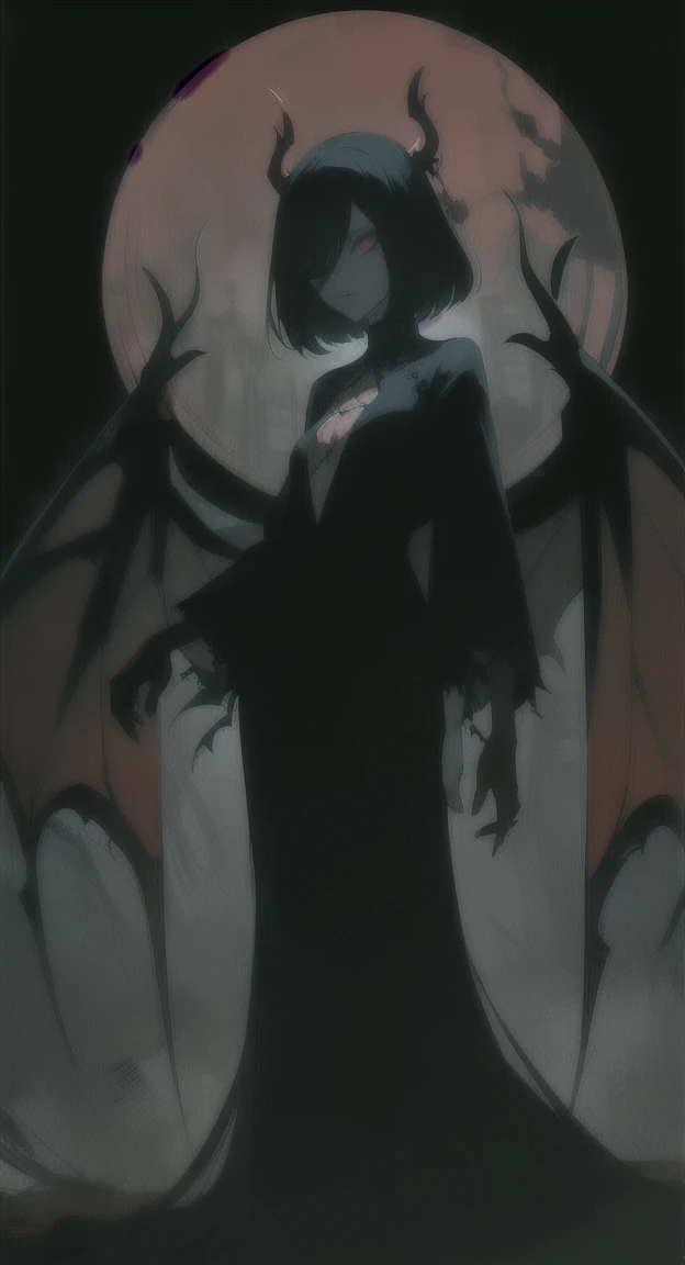 Foggy Forest, ancient creature, demonic silhouette, fairy shadow figure, red eyes, eyes in the fog, rotting, looking dead, butterfly wings,