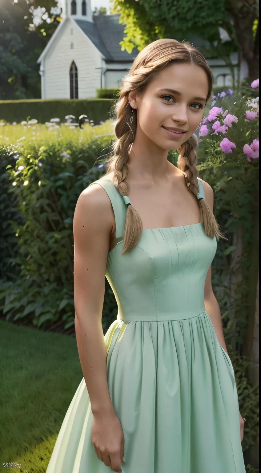 Foto hiperrealista en primer plano de Alicia Vikander, masterpiece, best quality, (photorealistic:1.4), full body, (light green church dress:1.2), heels, garden cinematic light, beautiful woman, skinny, medium  breasts, two braids dark blond hair, detailed face, smile, facing the camera, photo taken from a distance, age of 20 years old,