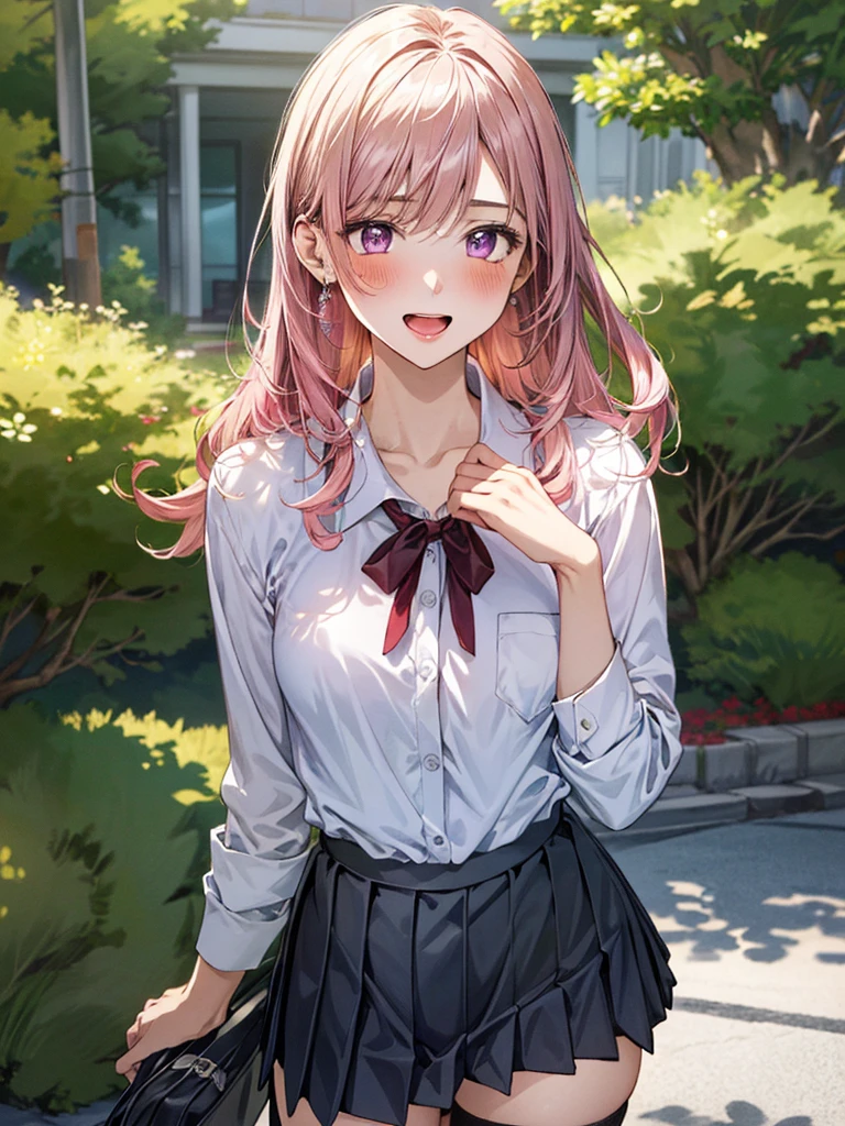 (masterpiece:1.3, top-quality, ultra high res, ultra detailed), (realistic, photorealistic:1.4), beautiful illustration, wearing knit sweater & miniskirt, (Flirtingly lifting her skirt to show her panties:1.3),perfect lighting, natural lighting, colorful, depth of fields, surrealism, (embarrassed,blush:1.3),
beautiful detailed hair, beautiful detailed face, beautiful detailed eyes, beautiful clavicle, beautiful body, beautiful chest, beautiful thigh, beautiful legs, beautiful fingers, shiny skin,
looking at viewer, 1 girl, japanese, high school girl, (perfect anatomy, anatomically correct, super detailed skin), cute and symmetrical face, babyface, perfect face, perfect eyes,
(middle hair, two side up, pink hair), crossed bangs, purple eyes, drooping eyes, big eyes, long eyelashes, (large breasts, seductive thighs, skindentation), slender, outstanding style,
((detailed cloth texture, white collared shirt, blue pleated skirt, dark red neck ribbon), black thigh-highs, loafer),
(beautiful scenery), late afternoon,hands on chest, (lovely smile, upper eyes, open mouth small),