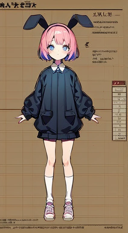 cute preschooler girl with a bunny plush in her hands, oversized clothes, short pink hair, color sheme black blue white, ((character sheet)), (full body shot), crystal acessories