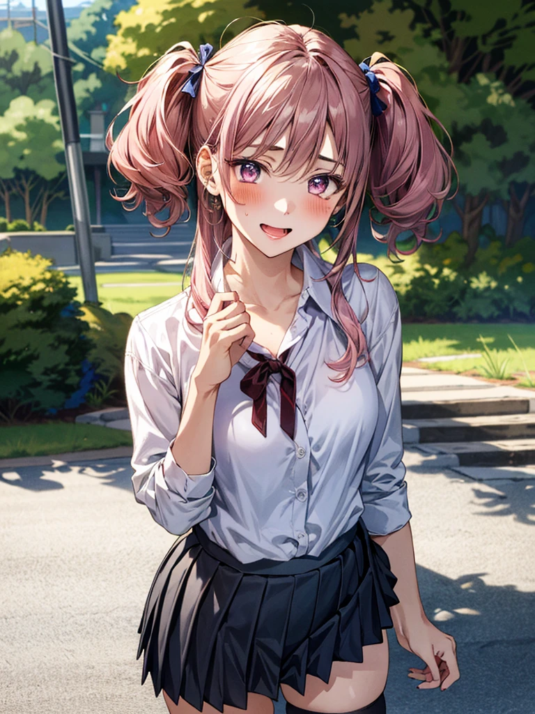(masterpiece:1.3, top-quality, ultra high res, ultra detailed), (realistic, photorealistic:1.4), beautiful illustration, wearing knit sweater & miniskirt, (Flirtingly lifting her skirt to show her panties:1.3),perfect lighting, natural lighting, colorful, depth of fields, surrealism, (embarrassed,blush:1.3),
beautiful detailed hair, beautiful detailed face, beautiful detailed eyes, beautiful clavicle, beautiful body, beautiful chest, beautiful thigh, beautiful legs, beautiful fingers, shiny skin,
looking at viewer, 1 girl, japanese, high school girl, (perfect anatomy, anatomically correct, super detailed skin), cute and symmetrical face, babyface, perfect face, perfect eyes,
(middle hair, two side up, pink hair), crossed bangs, purple eyes, drooping eyes, big eyes, long eyelashes, (large breasts, seductive thighs, skindentation), slender, outstanding style,
((detailed cloth texture, white collared shirt, blue pleated skirt, dark red neck ribbon), black thigh-highs, loafer),
(beautiful scenery), late afternoon,hands on chest, (lovely smile, upper eyes, open mouth small),
