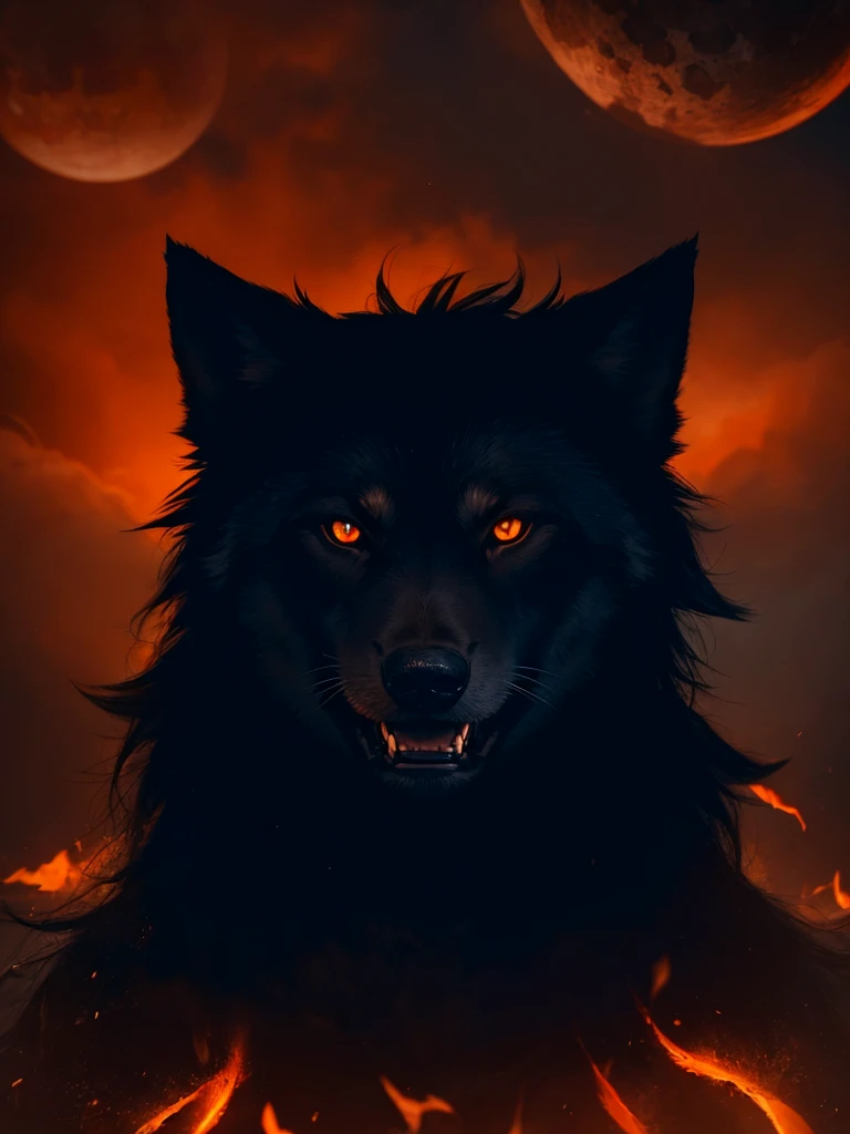 A close-up portrait of an angry black wolf with glowing orange eyes and bared teeth, set against a dark background