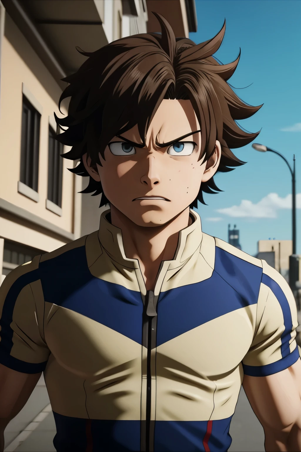My Hero Academia screenshot.
with short wavy hair, light brown eyes and an angry expression. He's wearing the U uniform.For and in the background the school corridors