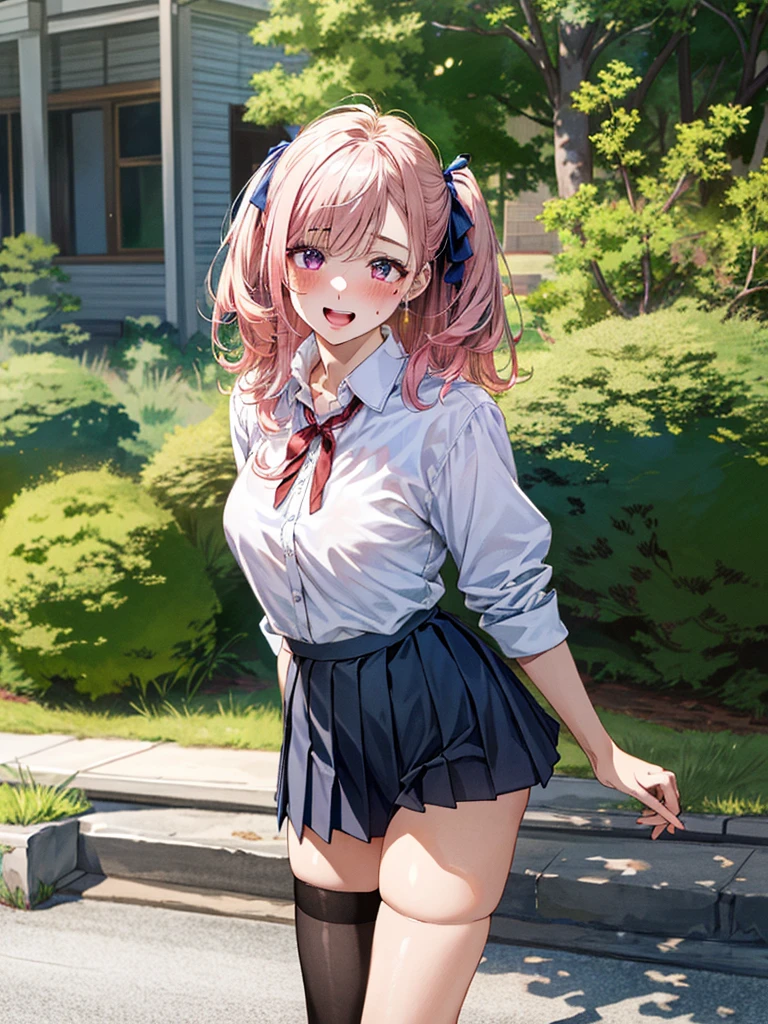 (masterpiece:1.3, top-quality, ultra high res, ultra detailed), (realistic, photorealistic:1.4), beautiful illustration, wearing knit sweater & miniskirt, (Flirtingly lifting her skirt to show her panties:1.3),perfect lighting, natural lighting, colorful, depth of fields, surrealism,  (embarrassed,blush:1.3),
beautiful detailed hair, beautiful detailed face, beautiful detailed eyes, beautiful clavicle, beautiful body, beautiful chest, beautiful thigh, beautiful legs, beautiful fingers, shiny skin, 
looking at viewer, 1 girl, japanese, high school girl, (perfect anatomy, anatomically correct, super detailed skin), cute and symmetrical face, face, perfect face, perfect eyes, 
(middle hair, two side up, pink hair), crossed bangs, purple eyes, drooping eyes, big eyes, long eyelashes, (large breasts, seductive thighs, skindentation), slender, outstanding style, 
((detailed cloth texture, white collared shirt, blue pleated skirt, dark red neck ribbon), black thigh-highs, loafer), 
(beautiful scenery), late afternoon,hands on chest, (lovely smile, upper eyes, open mouth small),