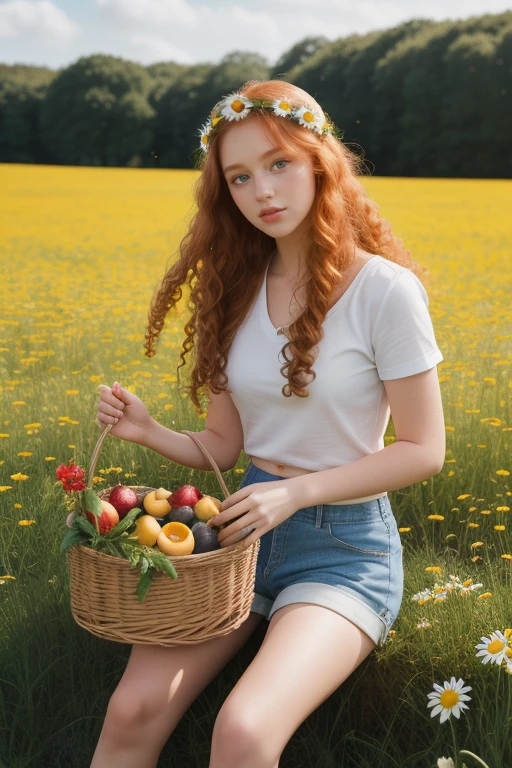 (girl:1.2),alone, (long ginger curly hair:1.1), brown eyes, Wearing a daisy wreath on your head, Sit in a daisy field, (fruit basket:1.1), blue shorts, red shirt,,raw,photographic,photo shadows,actual,Ridiculous,Aesthetic,elegant
