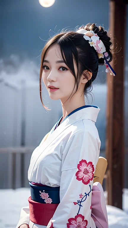 A beautiful woman, kimono that does not expose much of her skin.,(((In the moonlight of a blizzard, a woman looking good in a kimono with Japanese pattern,Floral scrunchie.))),Full-body photography from the ceiling,best image quality,professional angle of view,Exceptional detail,Super high resolution,realistic:1.4),high detail,focus on details,1girl concentrated in high concentration,long hair,delicate and beautiful face,The best smile with raised eyebrows and corners of the mouth,((glowing glass eyes)),
