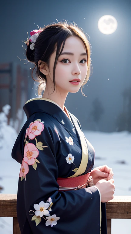A beautiful woman, kimono that does not expose much of her skin.,(((In the moonlight of a blizzard, a woman looking good in a kimono with Japanese pattern,Floral scrunchie.))),Full-body photography from the ceiling,best image quality,professional angle of view,Exceptional detail,Super high resolution,realistic:1.4),high detail,focus on details,1girl concentrated in high concentration,long hair,delicate and beautiful face,The best smile with raised eyebrows and corners of the mouth,((glowing glass eyes)),
