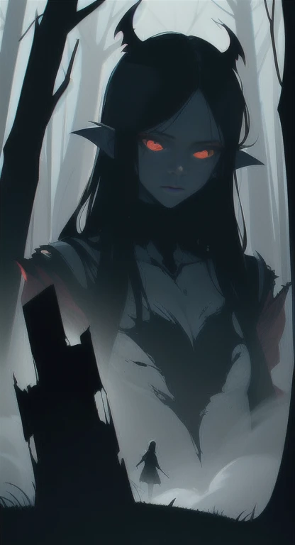 Foggy Forest, ancient creature, demonic silhouette, fairy shadow figure, red eyes, eyes in the fog, rotting, looking dead, torn wings,