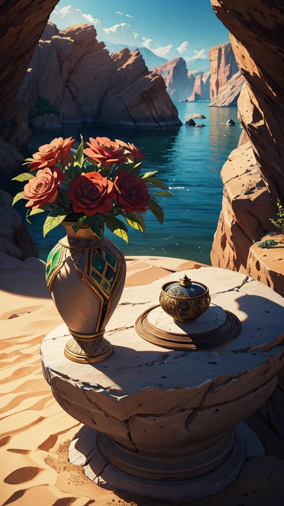 Landscape an ultra realistic digital illustration of a vase with ornamental details, filled with desert sand and precious stones such as ruby, emerald and agate. The vase is on top of a rocky structure, centered in the foreground with sand scattered around it.  Soft, natural lighting should highlight textures and details, while a subtle background highlights the vase. Accurately capture the sand cores, gemstones and vase patterns, creating a rich, cinematic atmosphere.