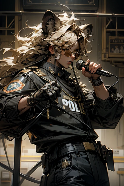 masterpiece,best quality,super detailed,super fine illustration,retro,noise,8k,Break Lion Ears,male,visual band,vocal,holding microphone,sunglass,cool,Police Officer,
